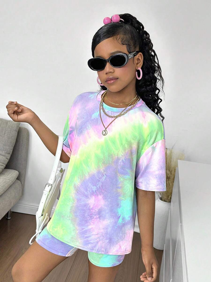 SHEIN 青少年女孩休闲扎染针织圆领短袖短裤套装 - 彩色 - 查看 1
