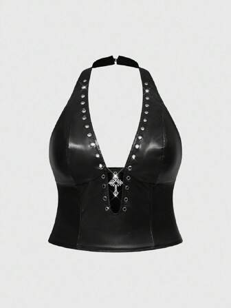 Grunge Punk Débardeur et débardeur sexy à col en V profond avec design de rivets métalliques punk, en PU, coupe moulante, grande taille