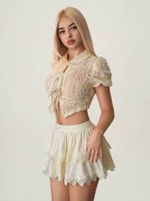 Sweetina Summer Elegant Jacquard Tie-Up Puff Sleeve Top & Lace Trim Cake Skirt Set - Apricot - View 4