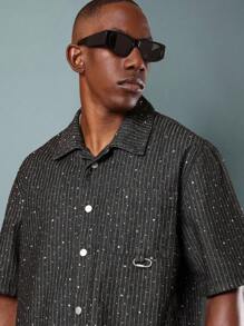 SUMWON Sparkle Denim Button Down Shirt Galaxy Star Pattern Short Sleeve Streetwear Festival Concert Casual Lightweight Party Night Out Sparkly Summer Spring Plain - Black - View 3