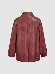 SHEIN MOD Women's Burgundy PU Leather Jacket,Autumn Casual Street Fashion Raglan Sleeve Patchwork Pocket Long Sleeve Coat For Occasion Halloween Christmas Rave - Pink - View 2