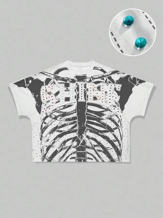 Goth Herren Lässig T-Shirt mit Skelett-Muster und Strass-Verzierung, Sommer, Halloween