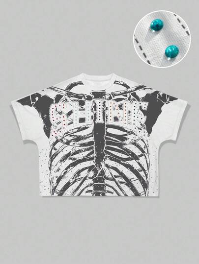 Goth Herren Lässig T-Shirt mit Skelett-Muster und Strass-Verzierung, Sommer, Halloween