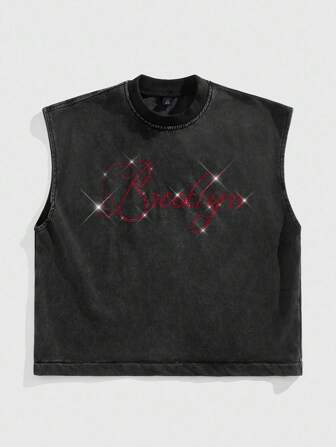 Street Life Men's Letter Graphic Round Neck Loose Fit Sleeveless Denim Top