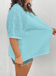 SHEIN CURVE+ 大码女款不同材质拼接上衣，白色T恤 - 藍色 - 查看 8