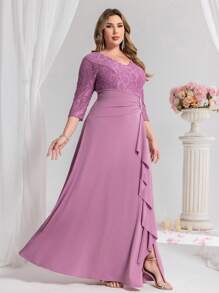 Coutiva Vestido formal largo asimétrico de encaje con cuello en V, parches y lentejuelas, de manga 3/4