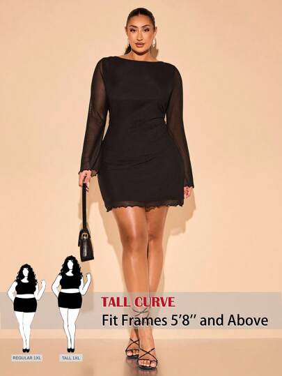 SHEIN Tall CURVE 大码女装秋季高街黑色迷你短裙，适合日常、通勤、郊游、约会、下午茶、法式连衣裙、晚礼服、生日礼服、伴娘服、简洁优雅的日常礼服、婚纱、伴娘服、迷你鸡尾酒会礼服、派对礼服、网眼迷你裙高腰曲线裙曲线裙长袖连衣裙曲线生日装高腰女士礼服、婚礼宾客礼服女