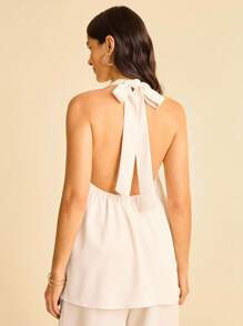 CAJUNI Women's V-Neck Solid Color Halter Tie Blouse-Fall Clothes For Women/Basic Tops - White - View 2