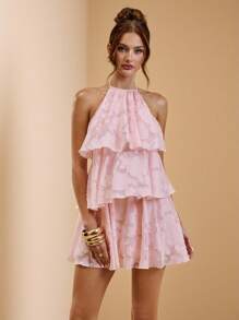 SHEIN BAE Summer Beach Vacation Pink Creative Lotus Leaf Cake Chiffon Mini Skirt, Suitable For Daily Dating, Night Work, Nightclubs, Parties, Get-Togethers, Cocktail Parties, Pool Parties, Back-To-School Season Clothing, School Season Clothing, Festivals, Ballet Skirts