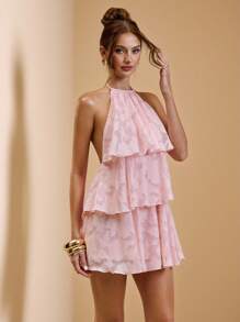 SHEIN BAE Summer Beach Vacation Pink Creative Lotus Leaf Cake Chiffon Mini Skirt, Suitable For Daily Dating, Night Work, Nightclubs, Parties, Get-Togethers, Cocktail Parties, Pool Parties, Back-To-School Season Clothing, School Season Clothing, Festivals, Ballet Skirts