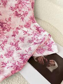 SHEIN LUNE 蓝白印花透明网眼圆领短袖女式 T 恤，适合休闲、度假穿着 - 玫紅色 - 查看 4