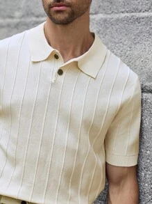 Manfinity Bizformal 男士夏季度假纯色 Polo 领短袖针织上衣 - 杏色 - 查看 6