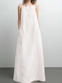 INAWLY Women's Casual Holiday Elegant Spaghetti Strap Pocketed Dress, Minimalist & Romantic - White - View 1