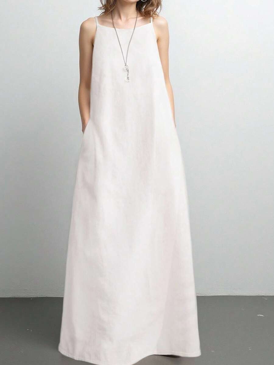 INAWLY Women's Casual Holiday Elegant Spaghetti Strap Pocketed Dress, Minimalist & Romantic - White - View 1