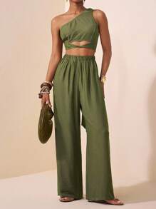 Veslaya Autumn And Winter Elegant Vacation Daily Date Birthday Party Simple Commuter One Shoulder Waist Cross Strap Slim Fit Top + Wide Leg Ultra-Long Pants Woven Fabric Plus Size Women's Sets - Green - View 10