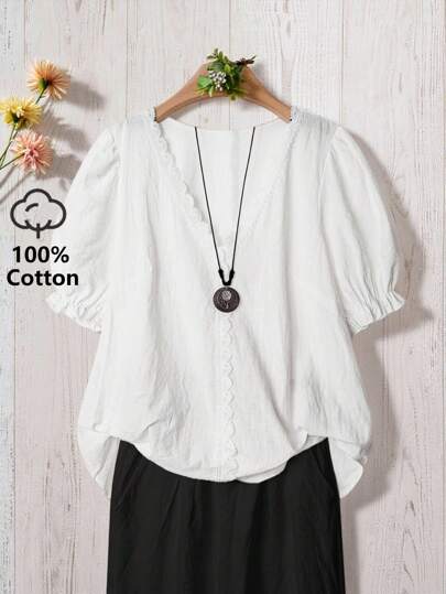 EMERY ROSE Blusa de mujer con cuello en V, mangas abullonadas, cintura elástica y adorno de encaje, en estilo country, adecuada para primavera y verano, conciertos country y mujeres de campo