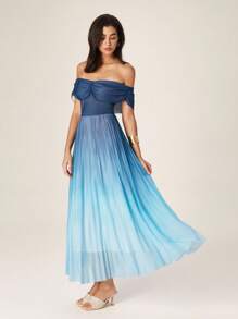 Modelyn French Style Off Shoulder Ruched Waist Slim Fit Pleated Dress For Women - Blue - View 5