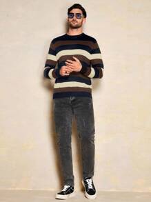 RueChic Men's Simple Striped Splice Round Neck Sweater - Camel - View 7