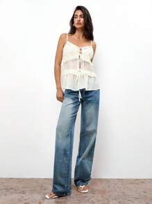 Maija Women's Boho Woven Fabric Cami Top With Ruffle Hem And Tie Front Detail - Apricot - View 2