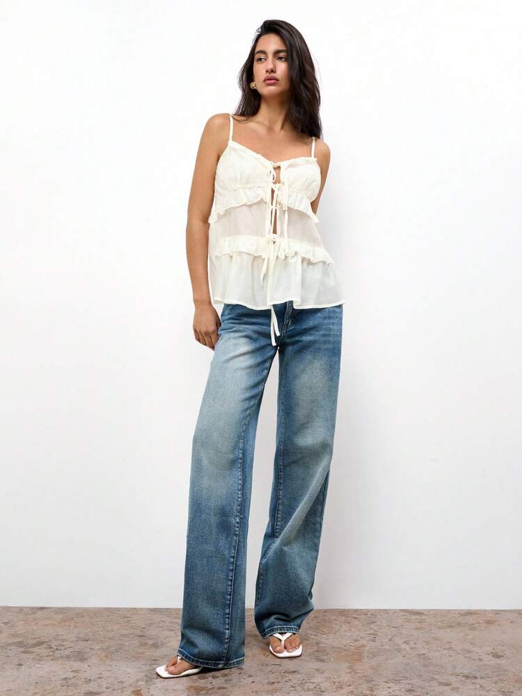 SHEIN Maija Women's Boho Woven Fabric Cami Top With Ruffle Hem And Tie Front Detail