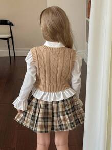 SHEIN Young Girl Ribbed Knit Sweater Vest With Cable Texture, Elegant & Cute, High Quality, Warm & Soft, Versatile For Play, Daily Wear, School, Autumn & Winter,Pairing White Shirt,Back To School Season.College Style, Girls Sweater Vest Cable Knit Sweater Vest Tween Sweater Vest Girls Knitted Vest Kids Sweater Vest Fall