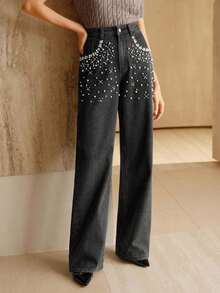 Anewsta Celana Jeans Biru Wanita Mewah Berhiaskan Manik-Manik dan Berlian Imitasi ala Prancis - Light Wash - View 6