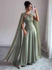 SHEIN Raffinéa 女士优雅水滴结领长款雪纺荷叶边腰部 A 字连衣裙 - 綠色 - 查看 2