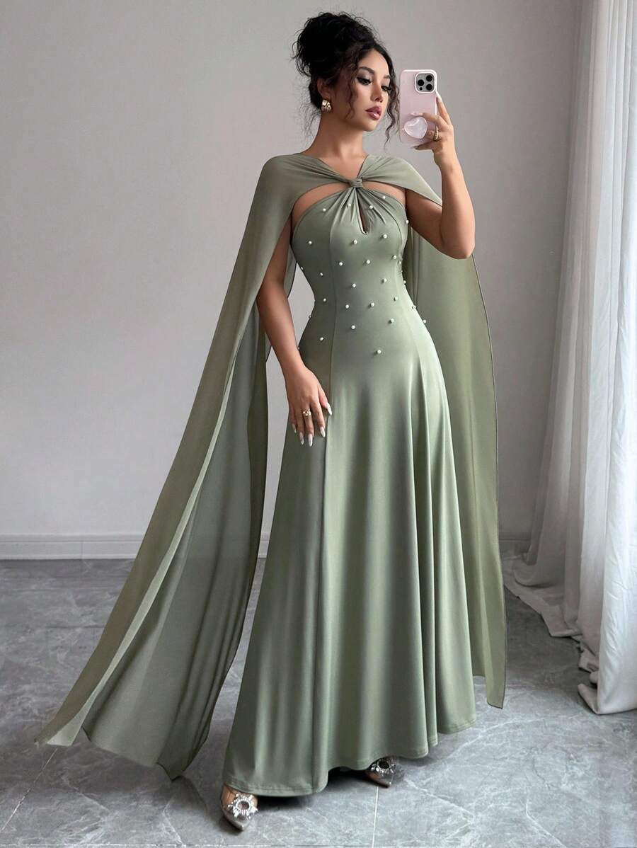 SHEIN Raffinéa 女士优雅水滴结领长款雪纺荷叶边腰部 A 字连衣裙