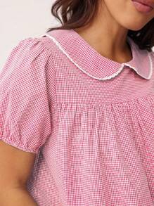 WESTFADE Summer Cotton Gingham Gingham & Lace Peter-Pan Collared Voluminous Babydoll Short Puff Sleeve Button Back Top Spring Beach Vacation - Pink - View 6
