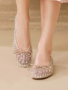 MOTF PREMIUM WOMEN SHOES EUROPEAN AND AMERICAN NEW FASHION RETRO RHINESTONE MESH YARN BOW ROUND TOE FLATS, APRICOT VERSATILE SWEET AND ELEGANT COMFORTABLE AND ADVANCED CLASSIC SHOES - Apricot - View 5