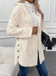 SHEIN LUNE Solid Button Front Hooded Fleece Coat Fall Winter Cloth For Women - Apricot - View 4