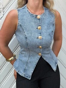 Jeta Ari 女士休闲水洗纽扣前无袖牛仔衬衫 - 中等水洗藍 - 查看 3