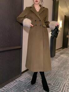 DAZY 女士长袖毛领大衣，修身剪裁，收腰设计，带口袋，双排扣，长款，秋冬款 - 棕色 - 查看 7
