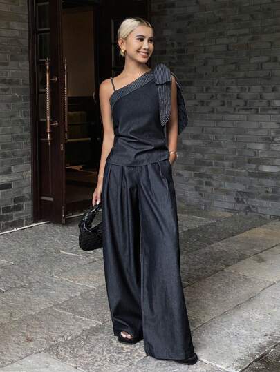 DAZY Women's Summer Asymmetrical Neck Bow Striped Patchwork Sleeveless Top And Loose Casual Wide Leg Pants Two Pieces Vacation Denim Set