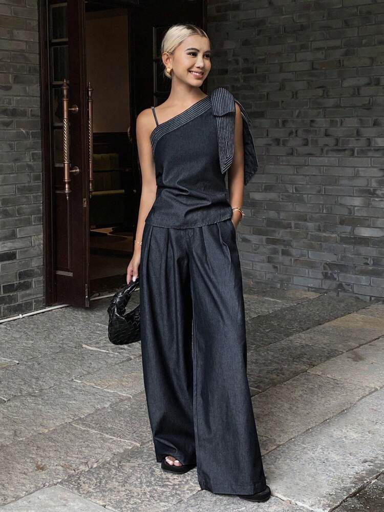 Women's Summer Asymmetrical Neck Bow Striped Patchwork Sleeveless Top And Loose Casual Wide Leg Pants Two Pieces Vacation Denim Set