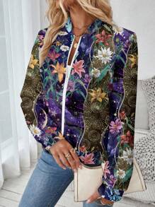SHEIN LUNE Women's Casual Zipper Floral Print Baseball Jacket, Suitable For Autumn/Winter - Multicolor - View 4