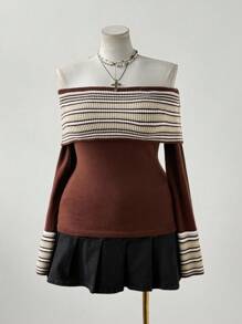 Sunspun Damen Große Größen Lässig Urlaubs Western Street Chic Farbblock gestreifter Umschlag-Schulter Figurbetonter Pullover, Herbst Strick Pullover Herbst Winter Vintage - Braun - Übersicht 5