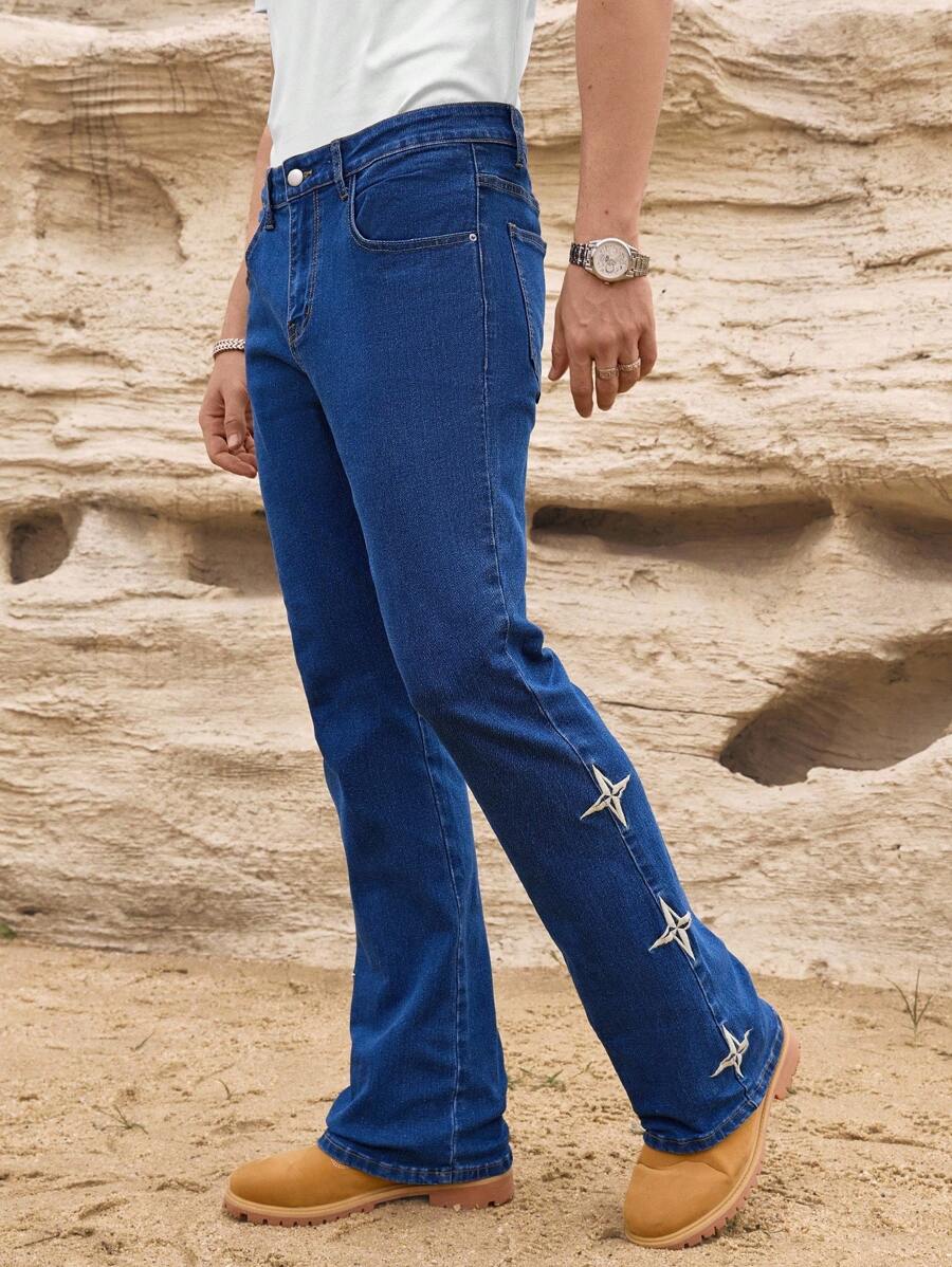 RivetRise Men's Blue Embroidered Horseshoe Flared Jeans - Medium Wash - View 1