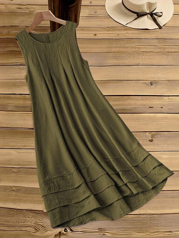 Rusticease Plus Size Women's Solid Color Simple Daily Wear Sleeveless Summer Dress