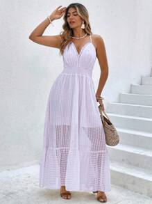 Flirla Plus Size Women Holiday Style Textural Cami Ruffled Collar Elastic Waist Dress - Purple - View 3