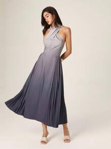 Modelyn Women's Ombre Pleated Hem Criss-Cross Neck Elegant Mid-Length Dress