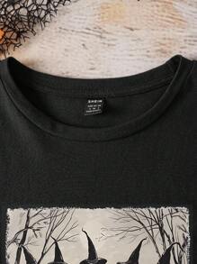 SHEIN EZwear 休闲简约万圣节女巫图案宽松圆领短袖 T 恤，适合万圣节派对 - 黑色 - 查看 4