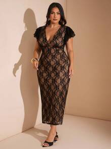 SHEIN BAE 大码女式优雅蕾丝 V 领连衣裙，长款，合身，修饰手臂，适合日常、外出、约会、下午茶、度假、春夏季、返校季女士连衣裙优雅女士正装、女士生日连衣裙 - 黑色 - 查看 7