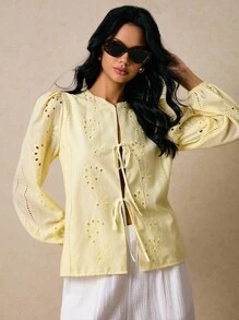 Poéselle 女士刺绣灯笼袖系带时尚衬衫，奶油黄上衣，可爱上衣，波西米亚风，外出上衣，商务休闲女装，度假女装，秋季女装，秋季上衣 - 黃色 - 查看 5