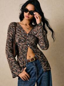 Poéselle Long-Sleeved Knit Top With Front Slits,Abstract Rib-Knit Asymmetric Button Front Top | Long-Sleeve V-Neck Knit Blouse,Asymmetric Button Top, Y2K Knit Top, Abstract Print Blouse, Rib Knit Top, Fall Layering Top,Women's Casual Commuter Mixed Fabric Front Button Blouse,Simple And Fashionable, Old Money Style, Suitable For Daily Wear, Going Out, Commuting, Dating, Home, Vacation And Other Occasions.Fall Women Clothes ,Poeselle - Multicolor - View 9