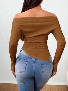 SHEIN Foxxy Áo thun trễ vai nhún vai và viền bất đối xứng, vải thu cho nữ - Màu nâu  Mocha - Xem 2