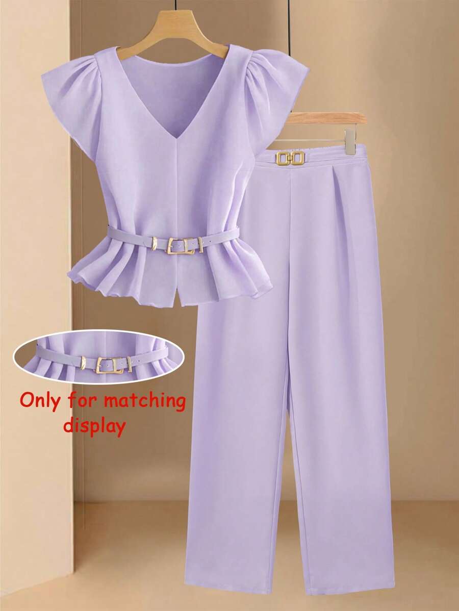 GlowEve Bộ quần áo tay lửng và áo sơ mi trơn màu thanh lịch dành cho người đi làm - Màu tím - Xem 1