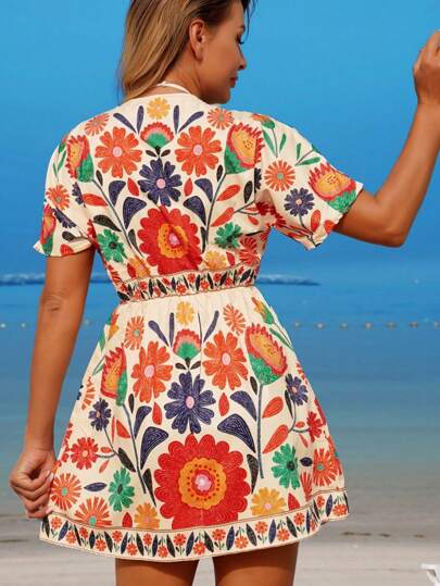 Breezaya Đầm đi biển họa tiết hoa cổ chữ V, tay ngắn, bó eo, thường ngày và áo choàng cho nữ