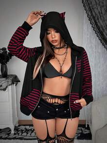 Flirla Grunge Punk Halloween Cute Cat Ear Striped Long Sleeve Comfortable Jacket Zip Up Hoodie Women Cat Ear Hoodie Fall Winter Cloth For Women Autumn - Black - View 5