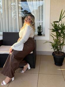 magalhaesca Black Solid Color Design Patchwork Side Pocket Faux Leather Straight Leg Pants, Plus Size, For Winter - Brown - View 6